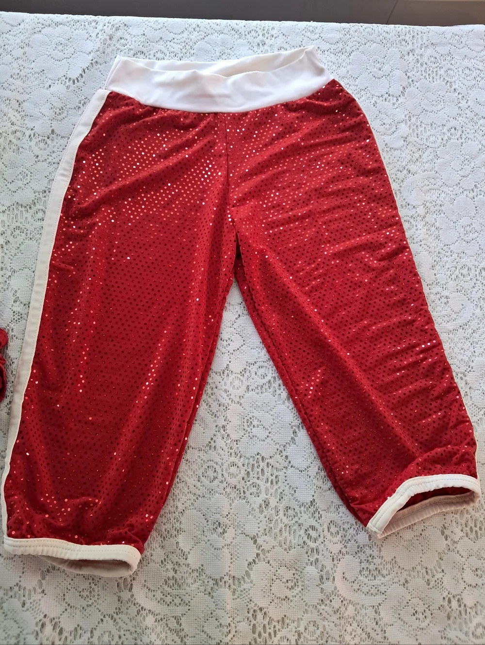 5 pc Dance Bundle Girls 6x Red Sequin Jacket, Pants, Bodysuit. Tights & Pony